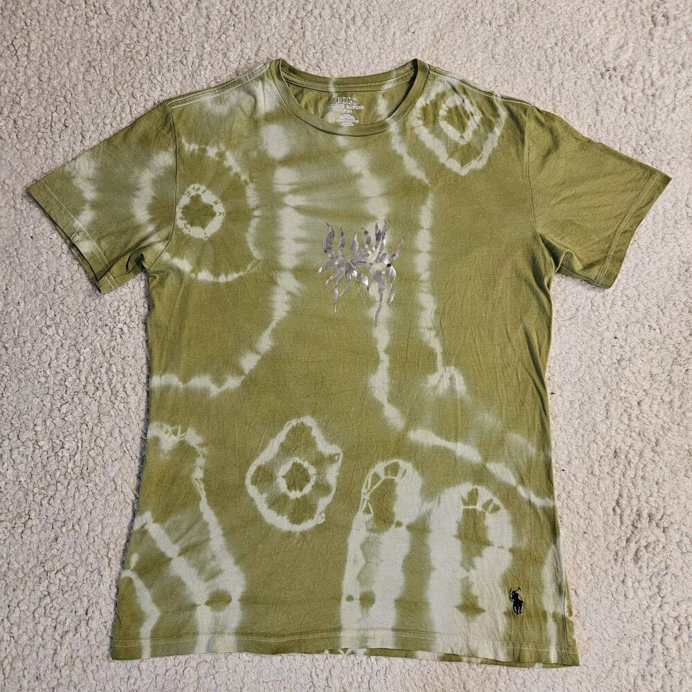 Polo Ralph Lauren T Shirt Custom Mens L Green Tie Dye Tribal Silver Graphic Rave